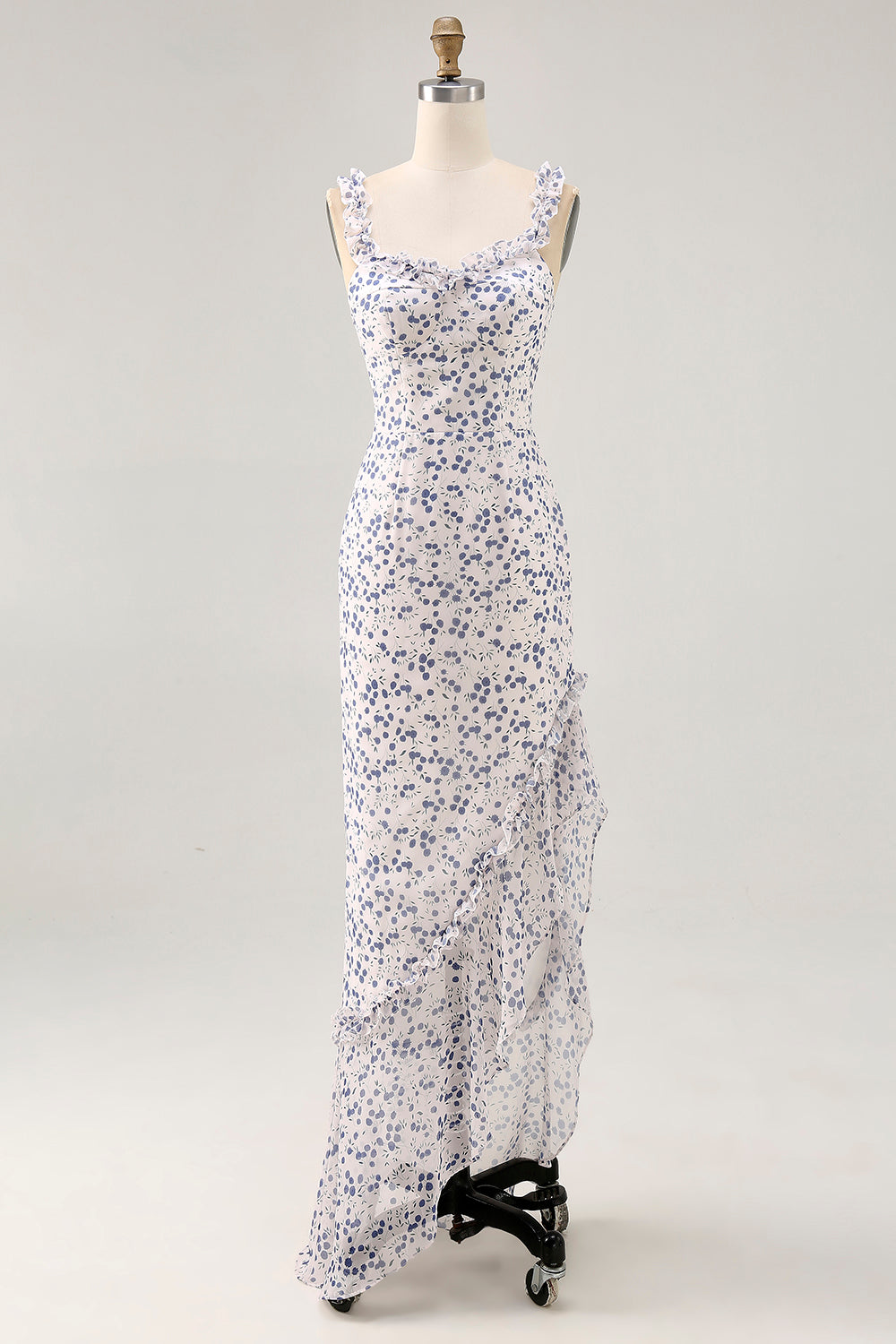 Blue Floral Ruffled Printed Sheath Asymmetrical Bridesmaid Dress
