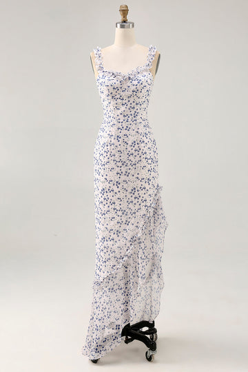 Blue Floral Ruffled Printed Sheath Asymmetrical Bridesmaid Dress