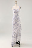 Blue Floral Ruffled Printed Sheath Asymmetrical Bridesmaid Dress
