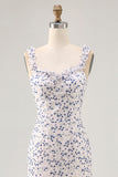 Blue Floral Ruffled Printed Sheath Asymmetrical Bridesmaid Dress