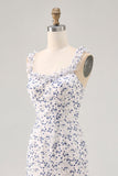 Blue Floral Ruffled Printed Sheath Asymmetrical Bridesmaid Dress
