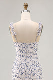 Blue Floral Ruffled Printed Sheath Asymmetrical Bridesmaid Dress