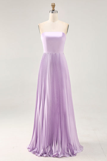 Strapless Pleated Lilac A Line Long Bridesmaid Dress