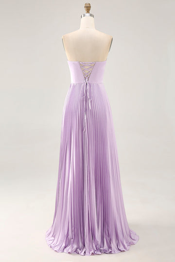 Strapless Pleated Lilac A Line Long Bridesmaid Dress