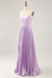 Strapless Pleated Lilac A Line Long Bridesmaid Dress