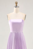 Strapless Pleated Lilac A Line Long Bridesmaid Dress