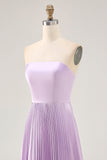 Strapless Pleated Lilac A Line Long Bridesmaid Dress