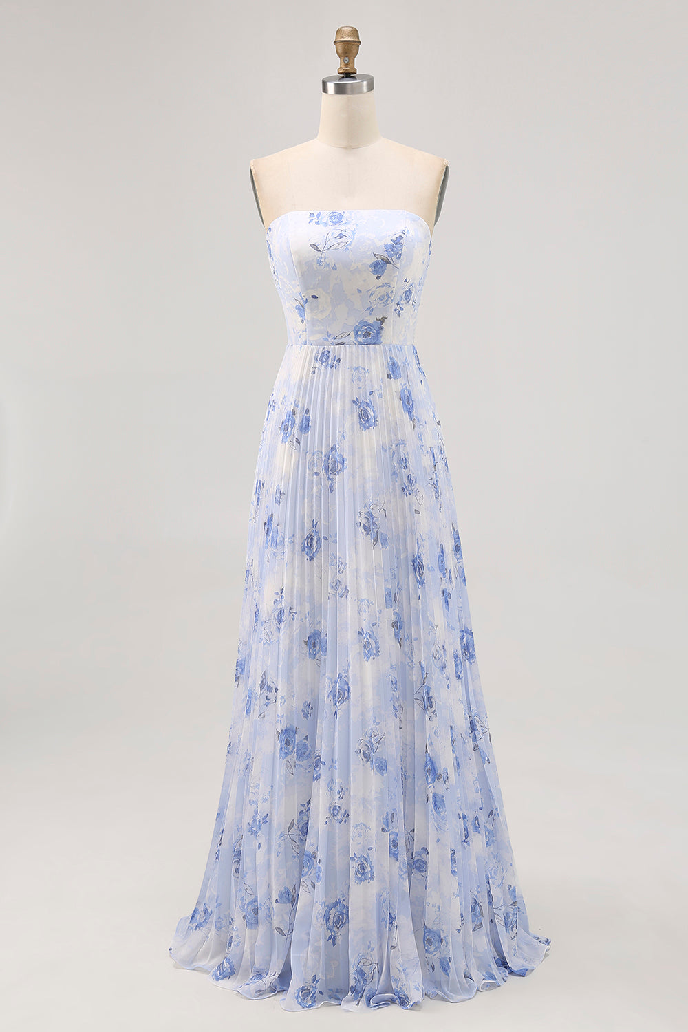 Blue Floral Strapless A Line Pleated Long Bridesmaid Dress