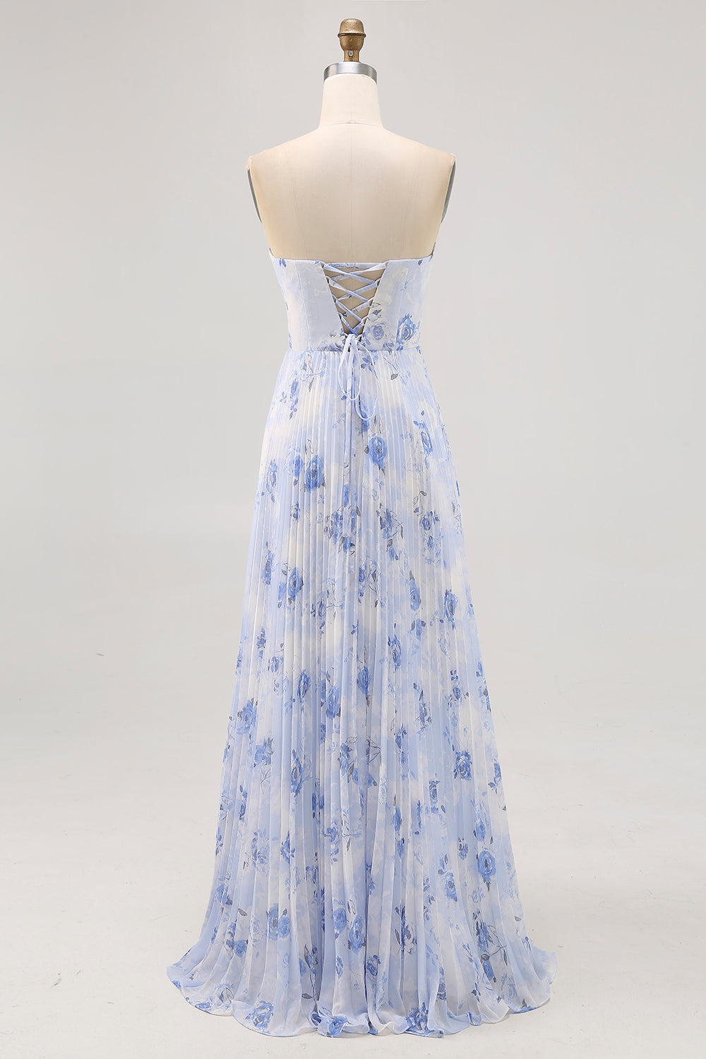 Blue Floral Strapless A Line Pleated Long Bridesmaid Dress