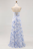 Blue Floral Strapless A Line Pleated Long Bridesmaid Dress