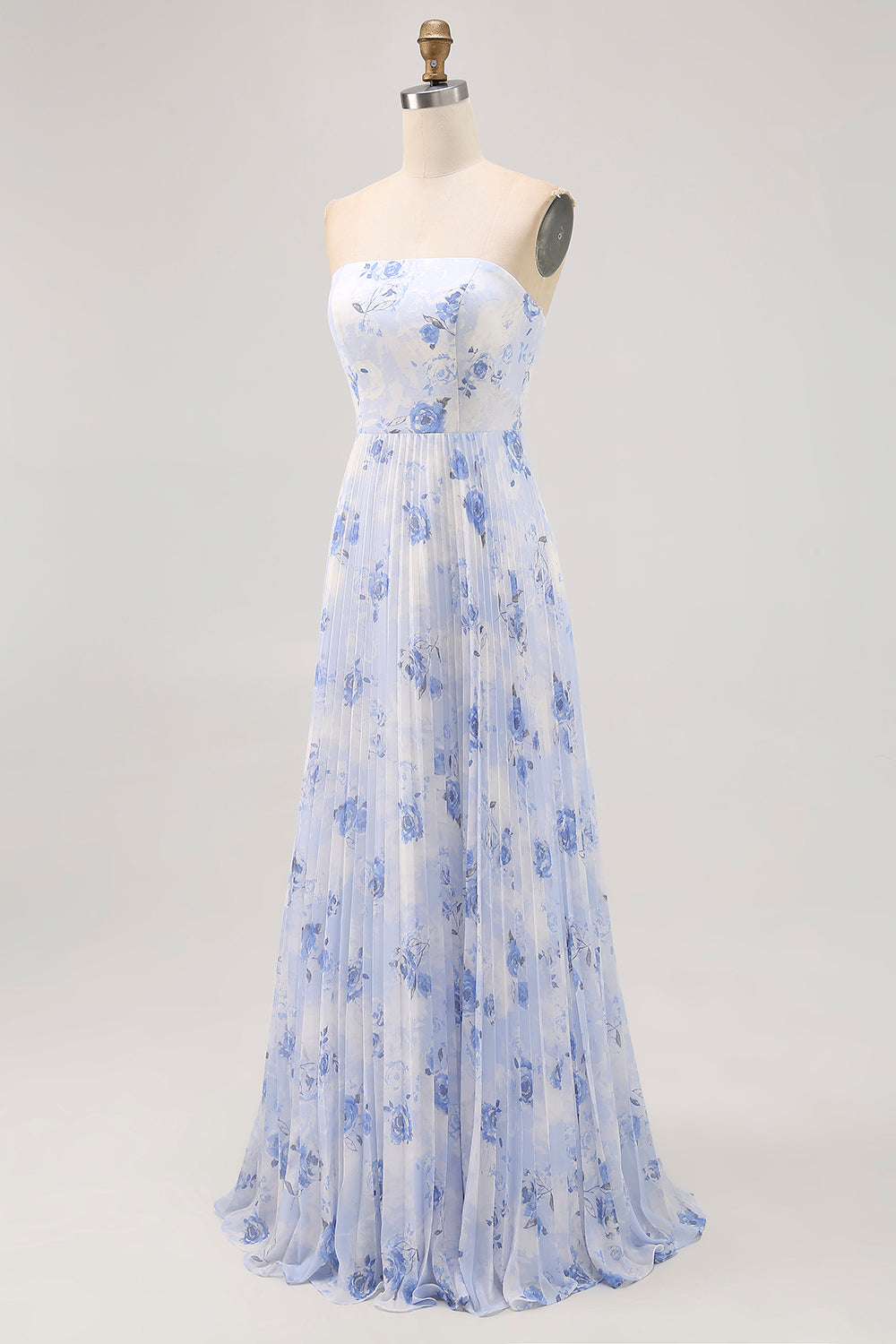 Blue Floral Strapless A Line Pleated Long Bridesmaid Dress