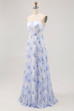 Blue Floral Strapless A Line Pleated Long Bridesmaid Dress