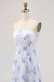 Blue Floral Strapless A Line Pleated Long Bridesmaid Dress