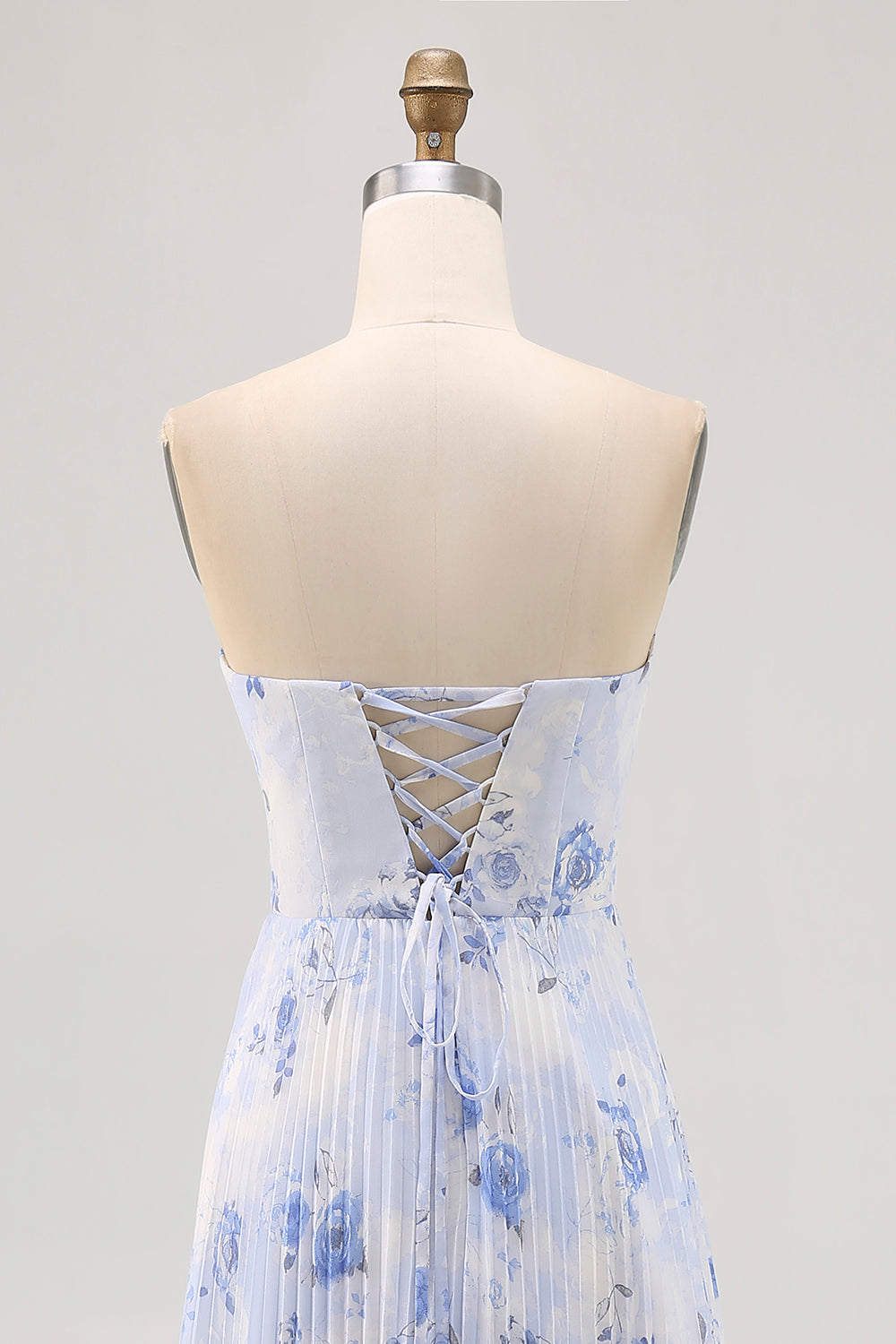 Blue Floral Strapless A Line Pleated Long Bridesmaid Dress