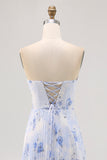 Blue Floral Strapless A Line Pleated Long Bridesmaid Dress