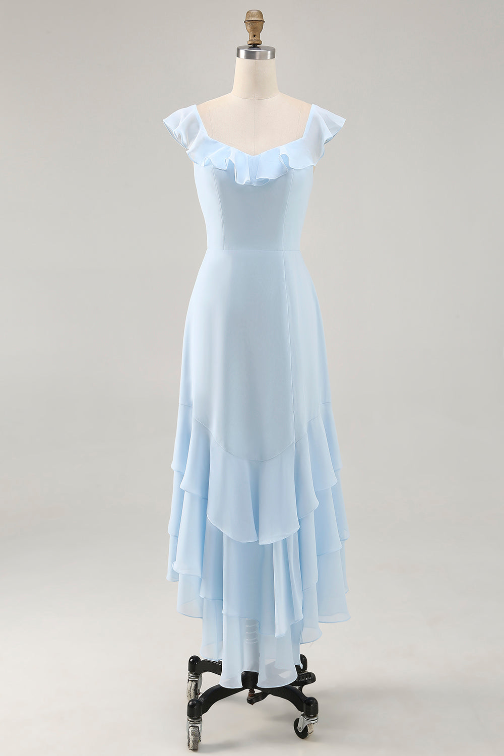 Sky Blue Ruffled Scoop Neck A Line Long Bridesmaid Dress