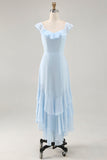 Sky Blue Ruffled Scoop Neck A Line Long Bridesmaid Dress