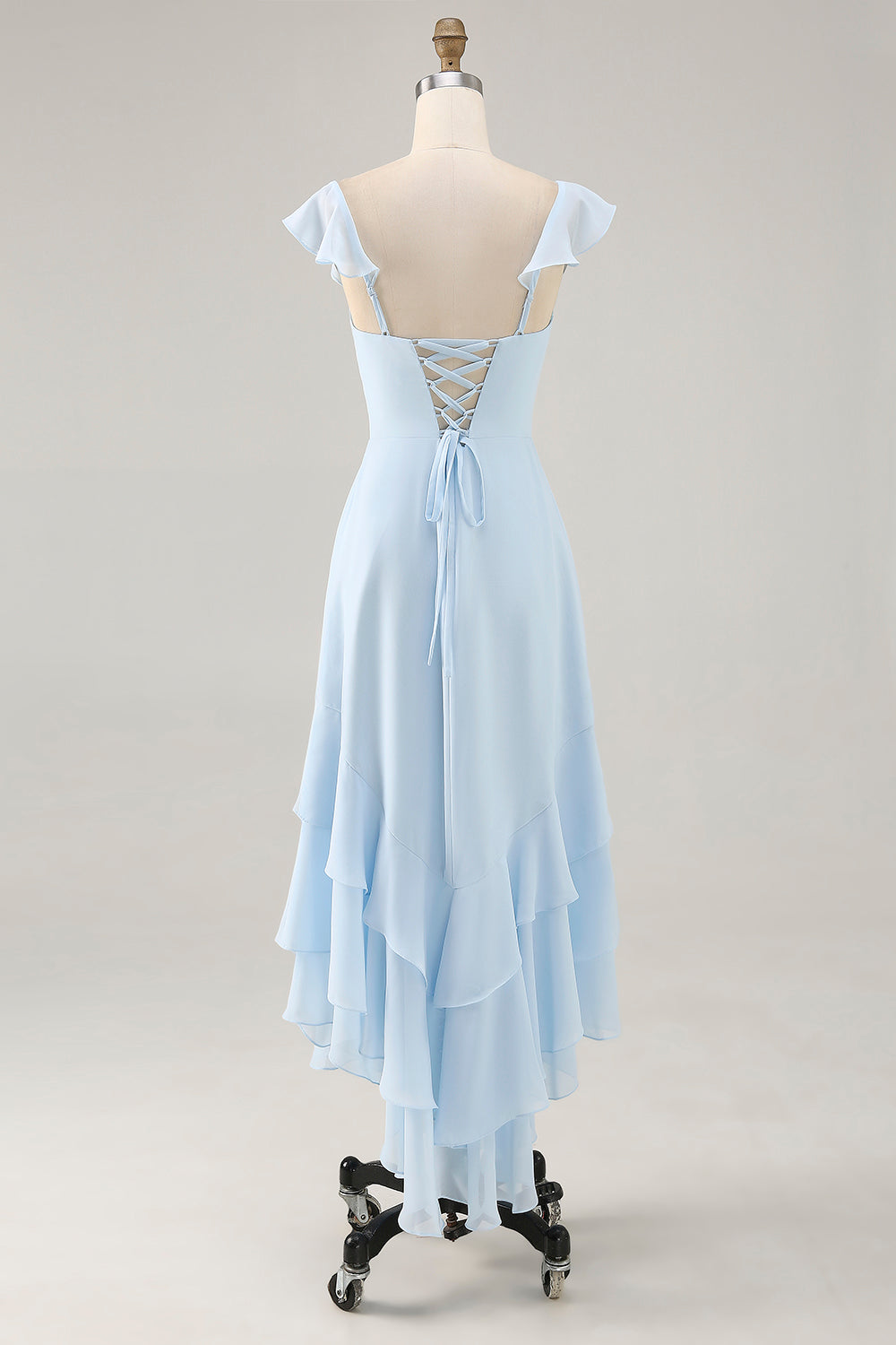 Sky Blue Ruffled Scoop Neck A Line Long Bridesmaid Dress