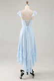 Sky Blue Ruffled Scoop Neck A Line Long Bridesmaid Dress