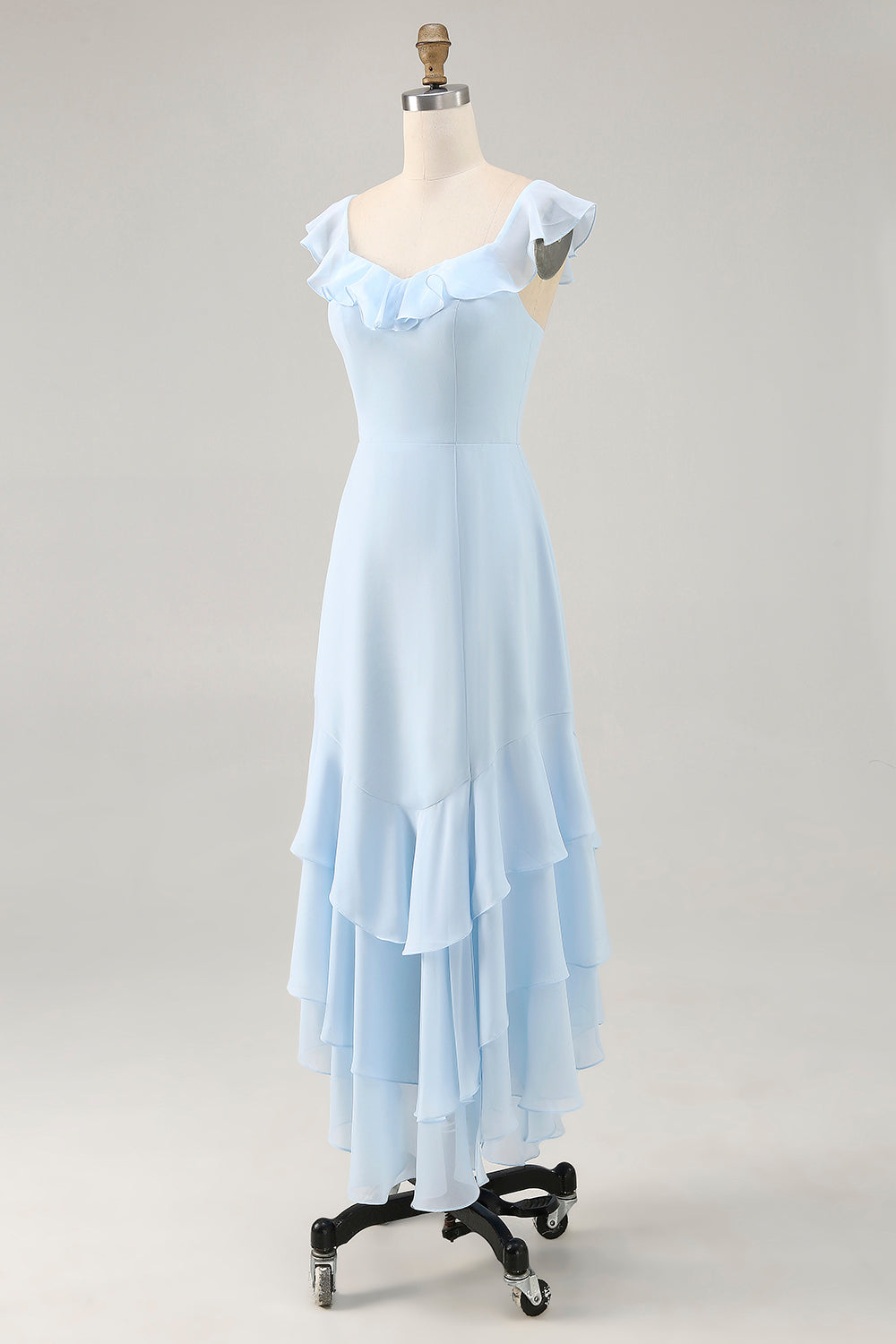 Sky Blue Ruffled Scoop Neck A Line Long Bridesmaid Dress