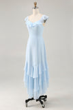 Sky Blue Ruffled Scoop Neck A Line Long Bridesmaid Dress