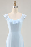 Sky Blue Ruffled Scoop Neck A Line Long Bridesmaid Dress