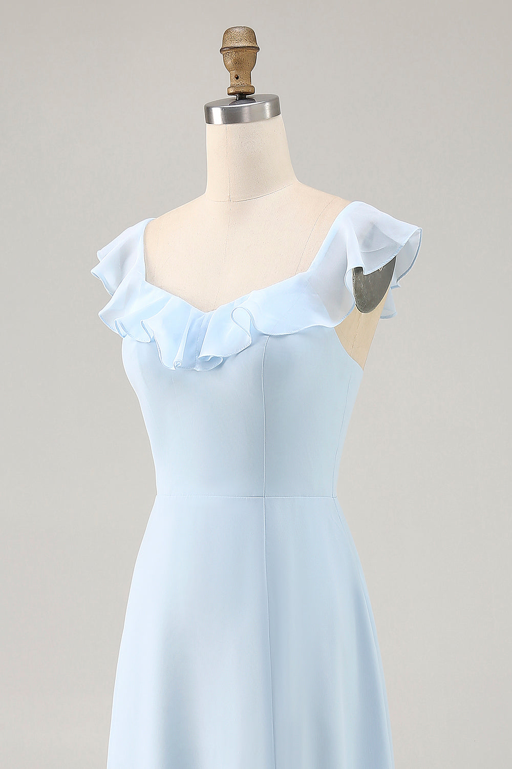 Sky Blue Ruffled Scoop Neck A Line Long Bridesmaid Dress