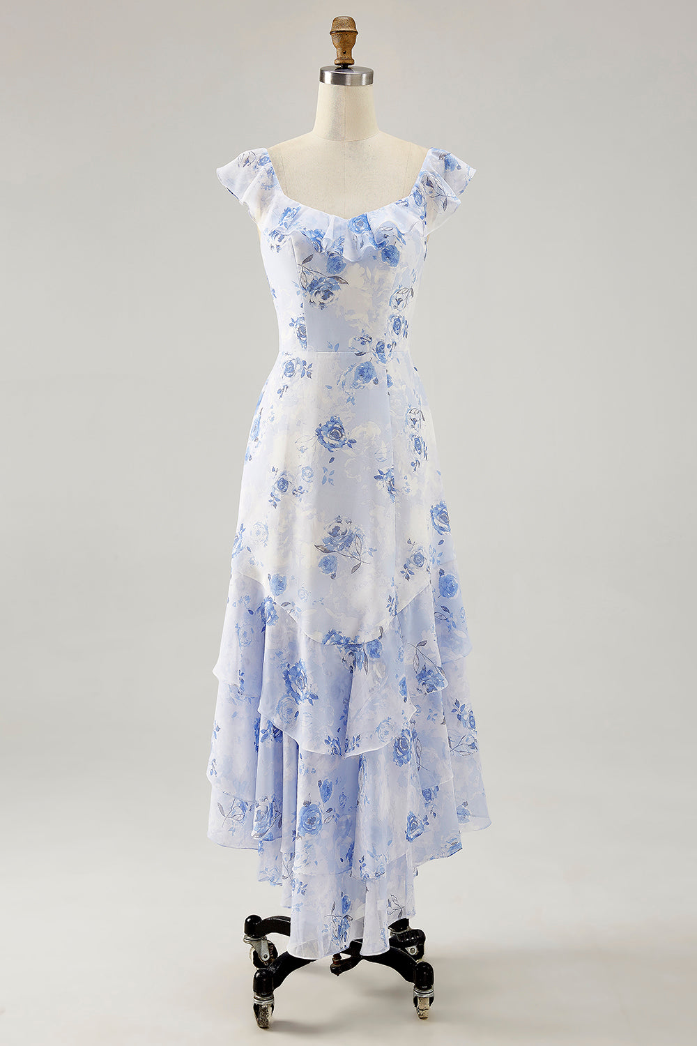 Blue Floral Printed A Line Ruffled Long Wedding Guest Dress