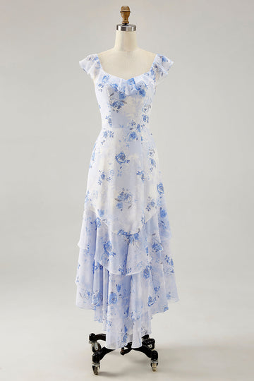 Blue Floral Printed A Line Ruffled Long Wedding Guest Dress