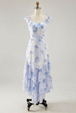 Blue Floral Printed A Line Ruffled Long Wedding Guest Dress