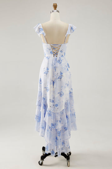 Blue Floral Printed A Line Ruffled Long Wedding Guest Dress
