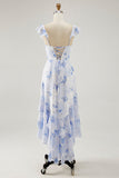 Blue Floral Printed A Line Ruffled Long Wedding Guest Dress
