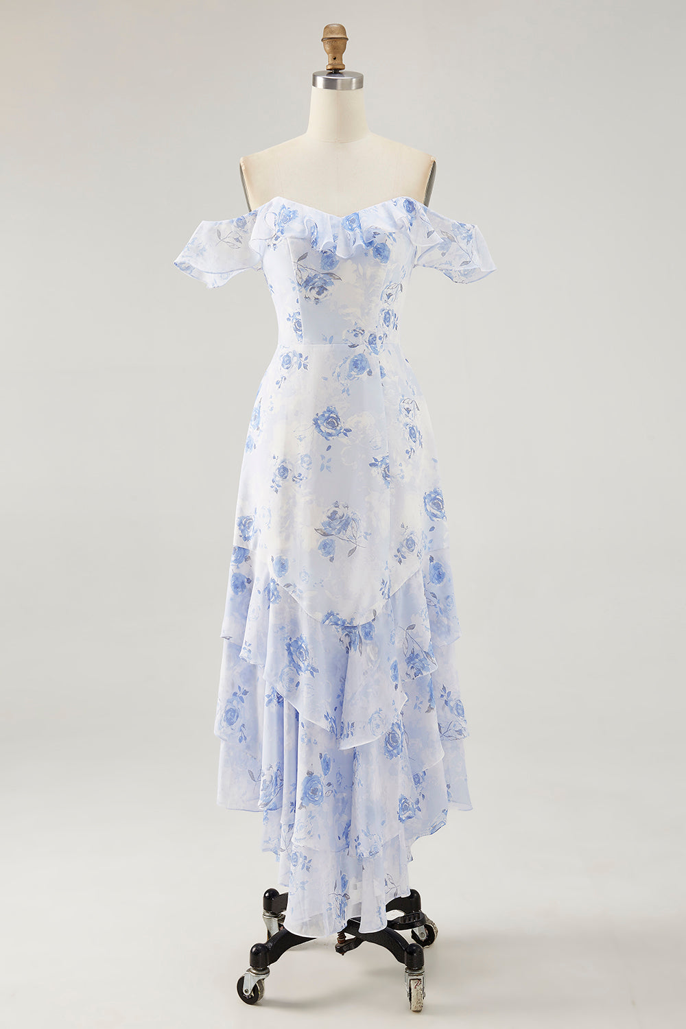 Blue Floral Printed A Line Ruffled Long Wedding Guest Dress
