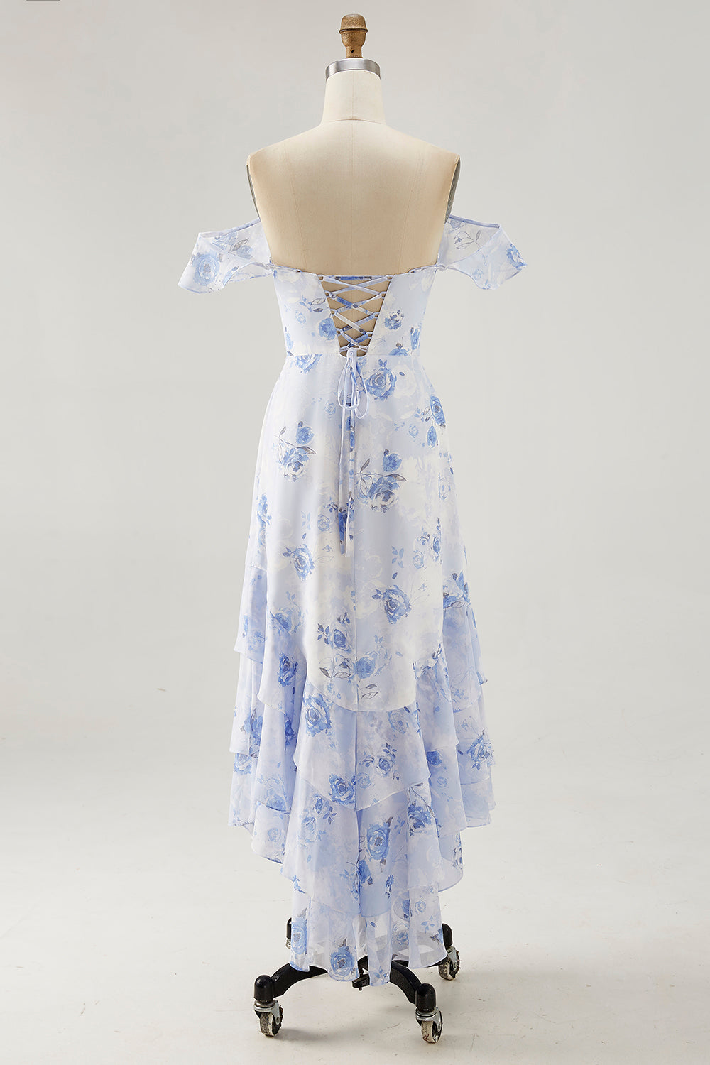 Blue Floral Printed A Line Ruffled Long Wedding Guest Dress