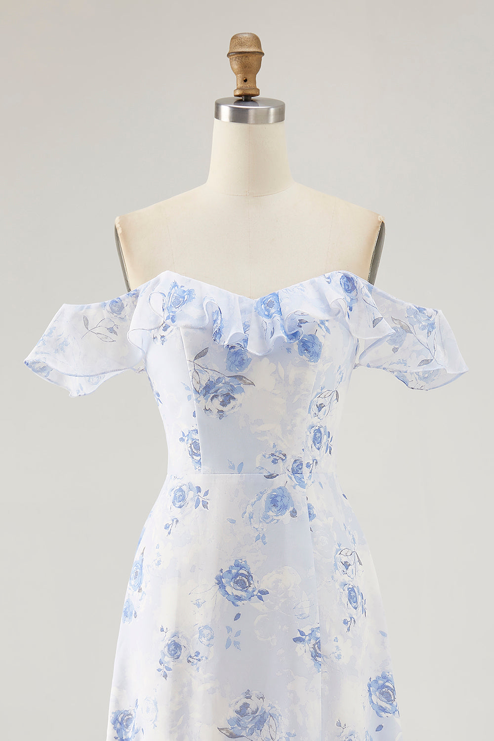 Blue Floral Printed A Line Ruffled Long Wedding Guest Dress