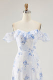 Blue Floral Printed A Line Ruffled Long Wedding Guest Dress