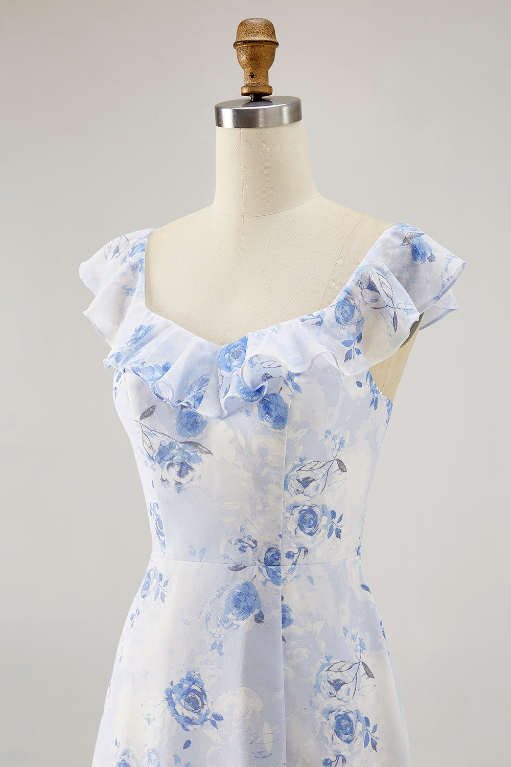 Blue Floral Printed A Line Ruffled Long Wedding Guest Dress