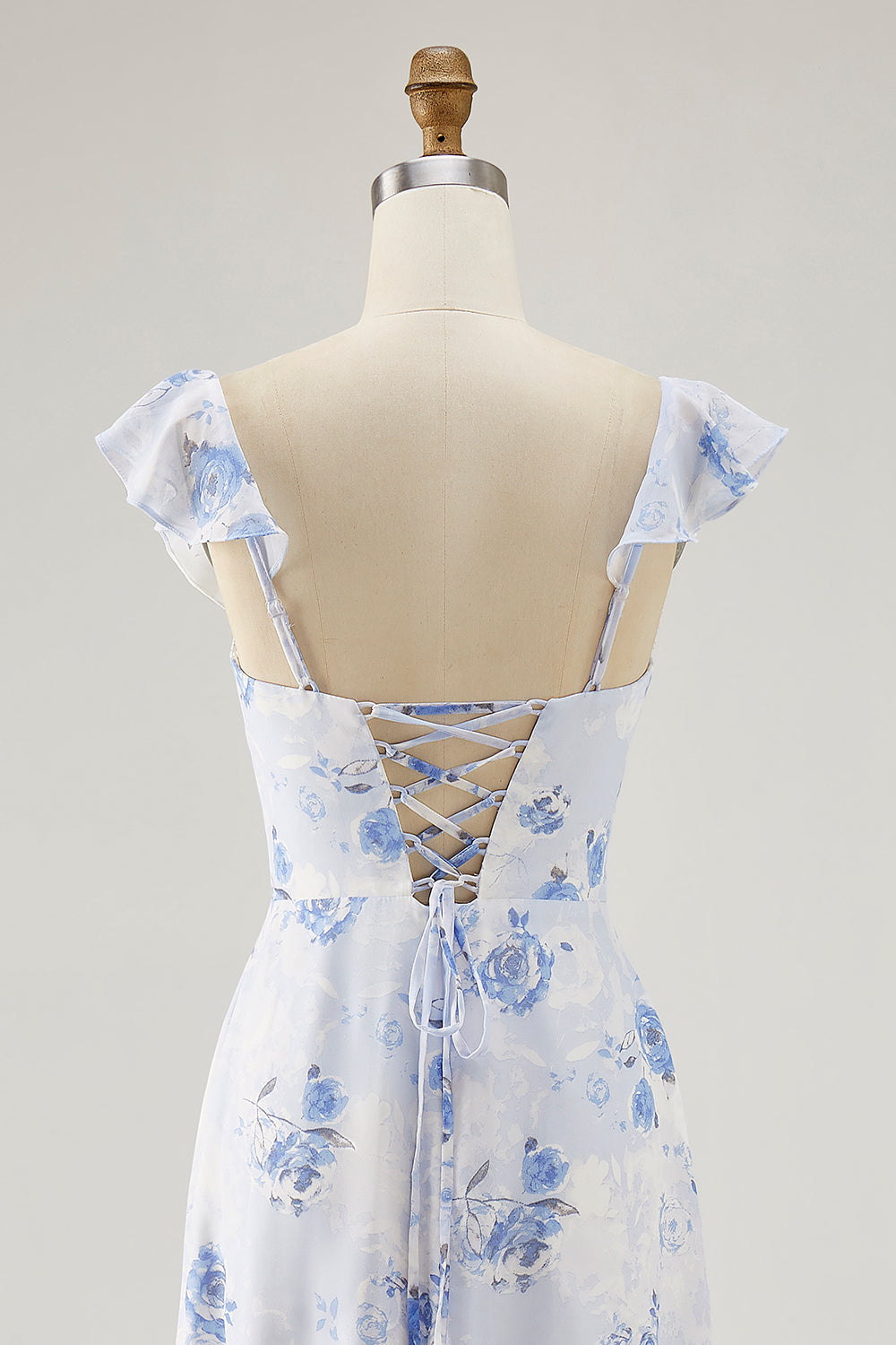 Pink Flower Printed A Line Ruffled Long Bridesmaid Dress