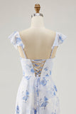 Blue Floral Printed A Line Ruffled Long Wedding Guest Dress