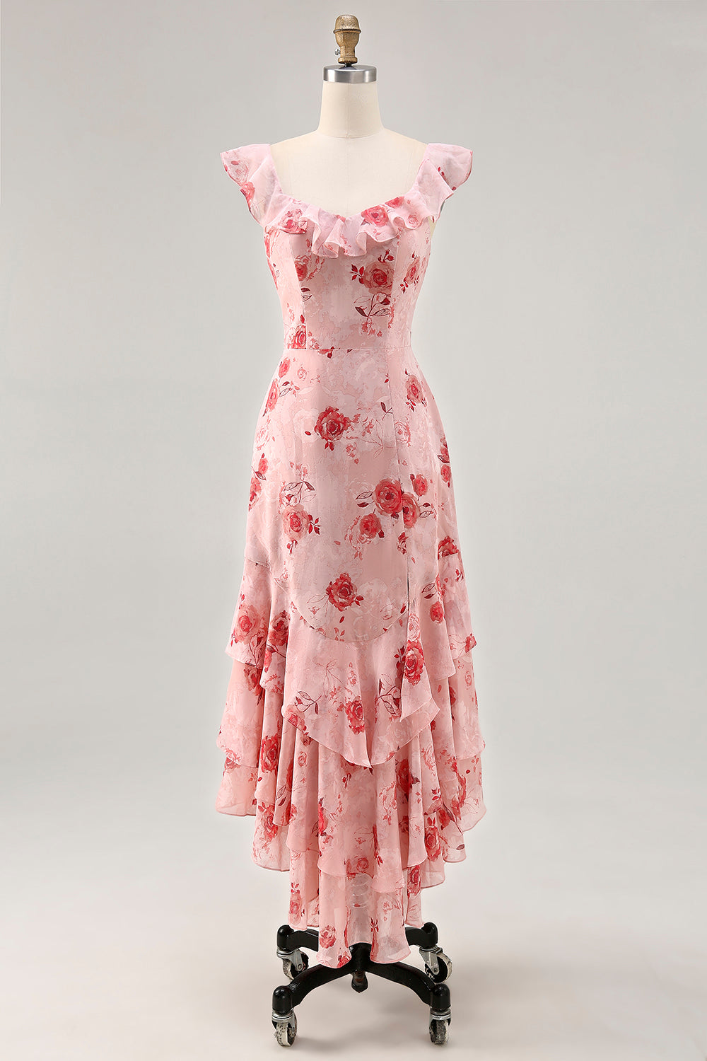 Pink Flower Printed A Line Ruffled Long Bridesmaid Dress