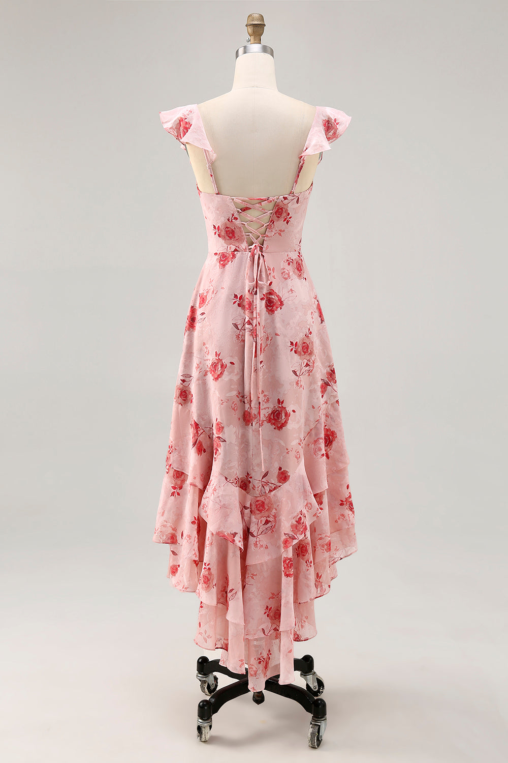 Pink Flower Printed A Line Ruffled Long Bridesmaid Dress