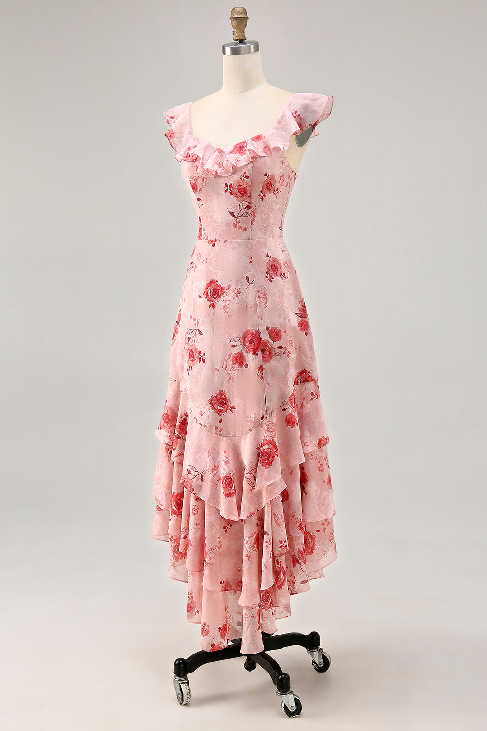 Pink Flower Printed A Line Ruffled Long Bridesmaid Dress