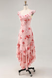 Pink Flower Printed A Line Ruffled Long Bridesmaid Dress