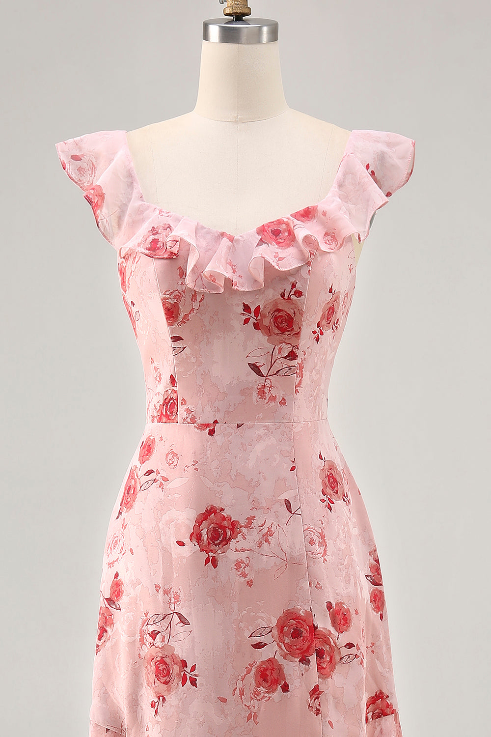 Pink Flower Printed A Line Ruffled Long Bridesmaid Dress