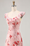 Pink Flower Printed A Line Ruffled Long Bridesmaid Dress