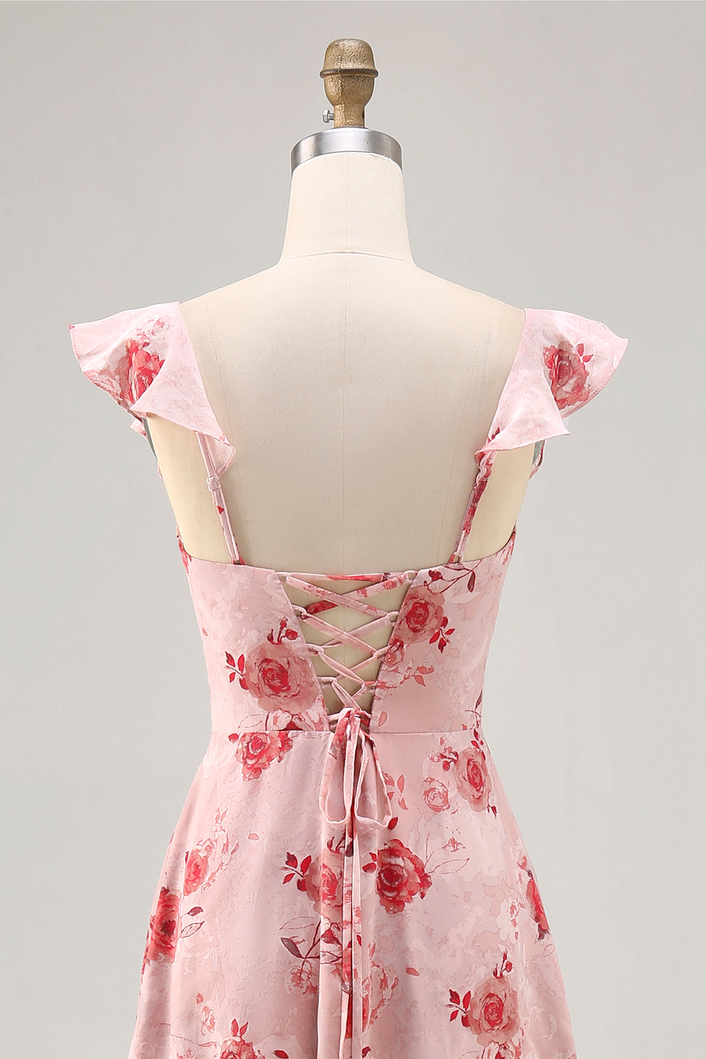 Pink Flower Printed A Line Ruffled Long Bridesmaid Dress