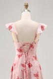 Pink Flower Printed A Line Ruffled Long Bridesmaid Dress