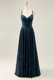Navy Floral A Line Printed Long Bridesmaid Dress