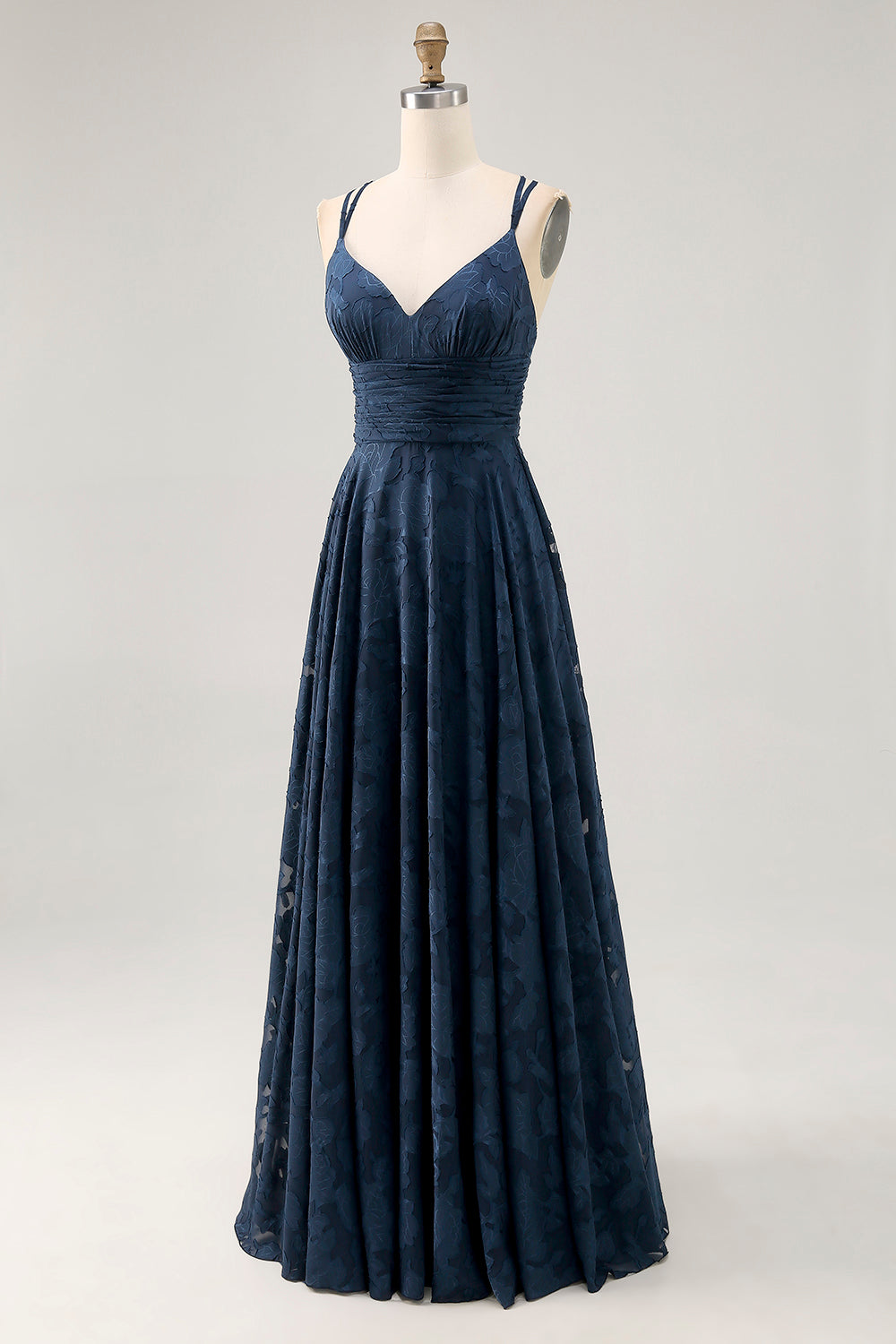 Navy Floral A Line Printed Long Bridesmaid Dress