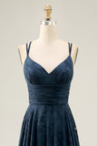 Navy Floral A Line Printed Long Bridesmaid Dress